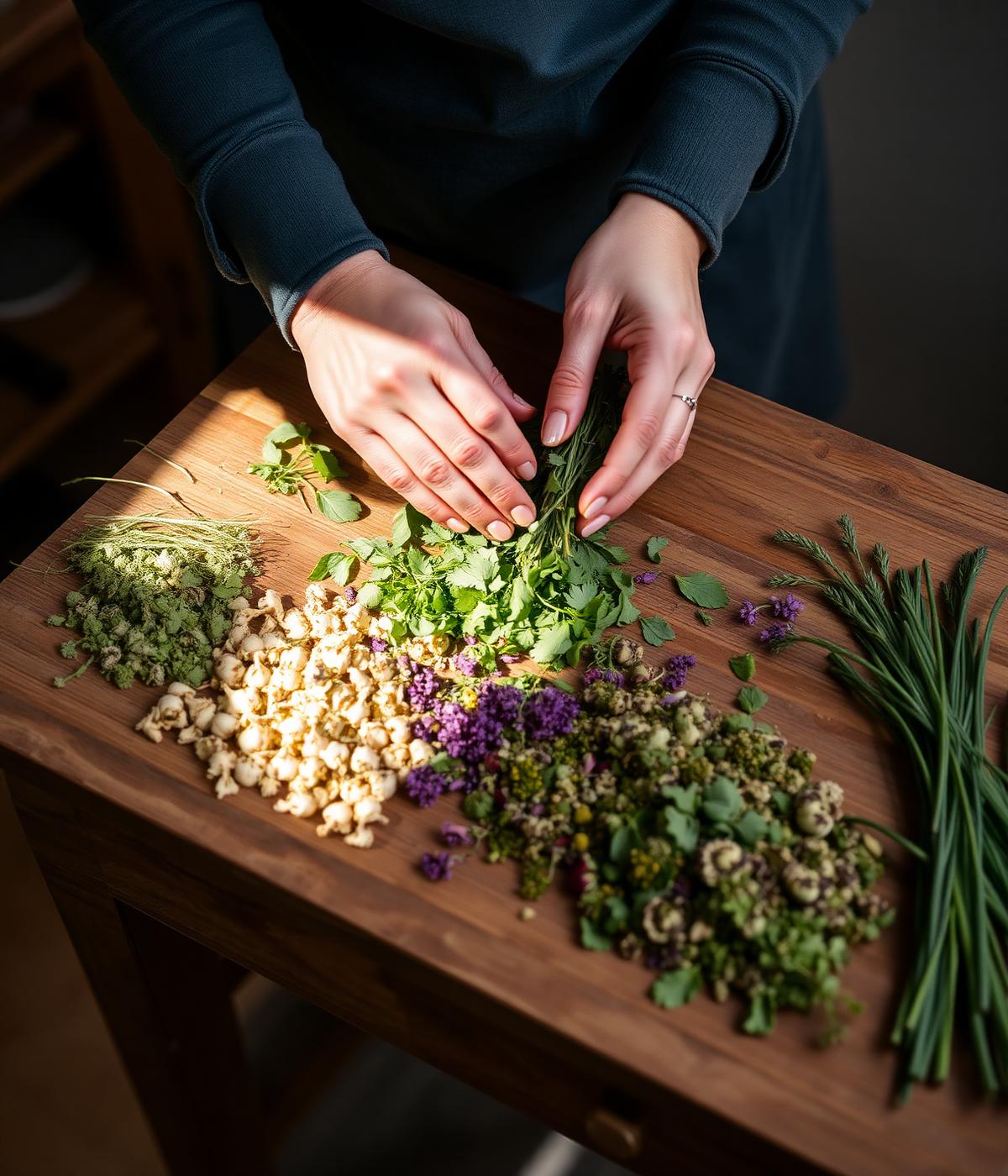 Hands sorting fresh herbs